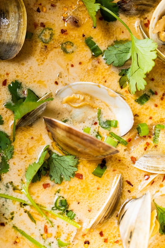 Asian Coconut Broth Clams made with lemongrass, ginger and cilantro is wonderful when paired with bread for dipping all that delicious broth!