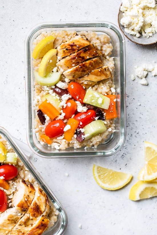 Bring the flavors of the Mediterranean to work with these Greek Chicken Meal Prep Rice Bowls – the perfect recipe to make ahead!