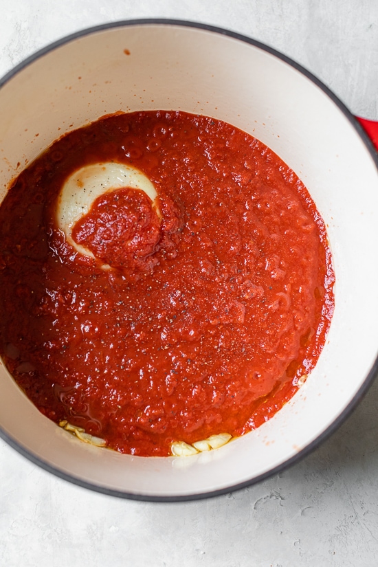 Marinara sauce in a pot.