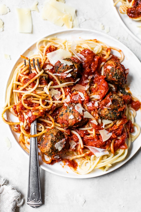 These amazing Italian Beef and Spinach Meatballs would make my husband's Italian family proud! I snuck some spinach in the meatball mix, but I promise even the pickiest of eaters will love them!