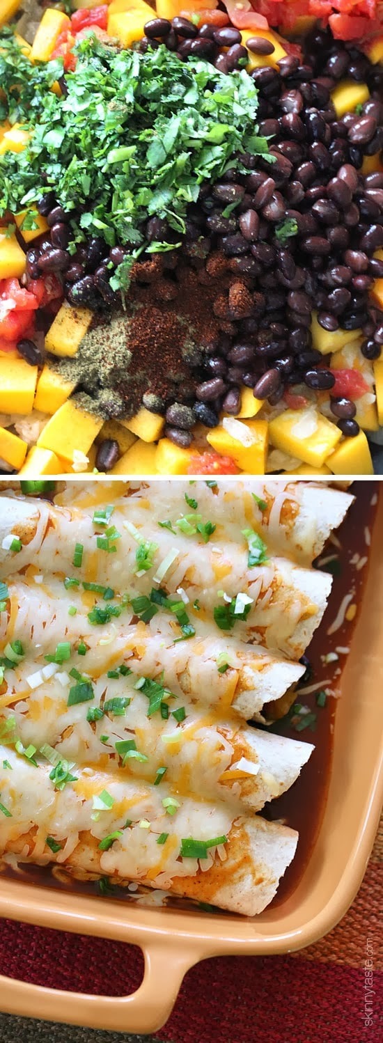 Butternut squash, black beans, tomatoes, cilantro and spices are simmered in a skillet with green chilies and jalapeno, then wrapped in tortillas and baked in the oven with enchilada sauce and cheese – these vegetarian enchiladas are delicious and perfect for meatless Mondays, or any day of the week! 