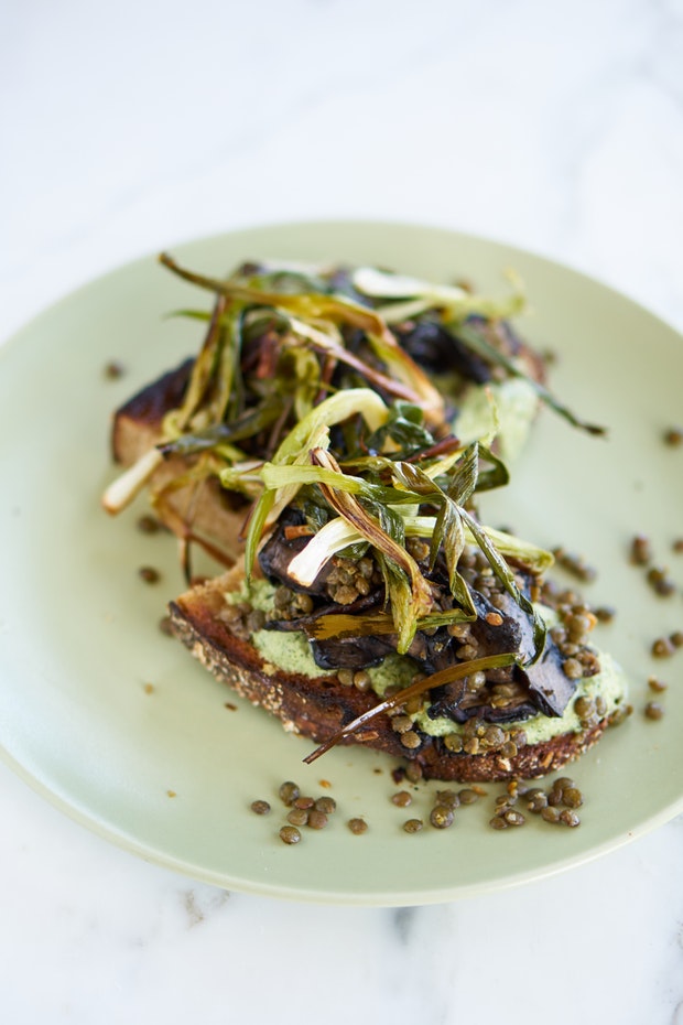 Mushroom Scallion Tartine with Poblano Yogurt