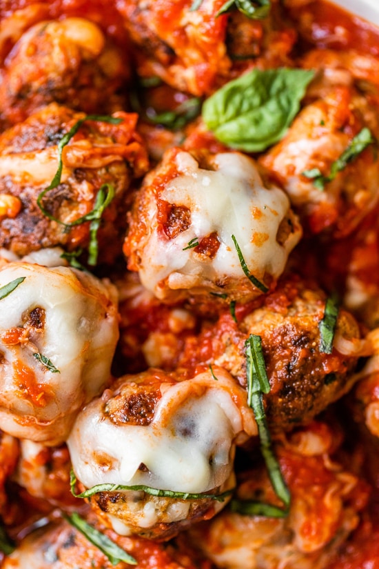 Close up of skillet meatballs.