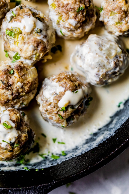 My family loves these Swedish meatballs. They are so tender and flavorful and much lighter than traditional recipes out there. And, let’s not forget the sauce! The creamy sauce really makes the dish.