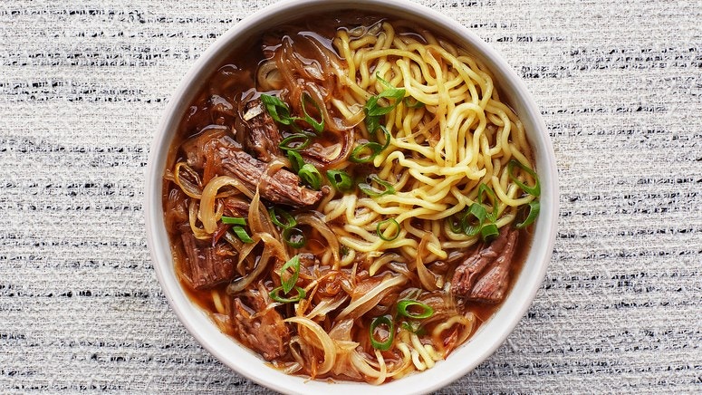 Bowl of Amiel Stanek's French Onion Noodle Soup