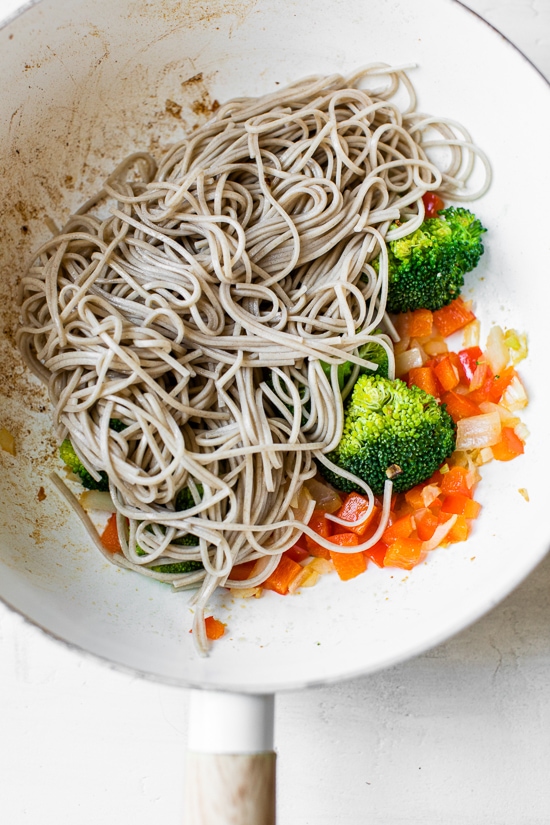 This spicy Soba Noodle Veggie Stir Fry is a quick and easy meal for one, and perfect as a dairy-free, vegetarian dinner.