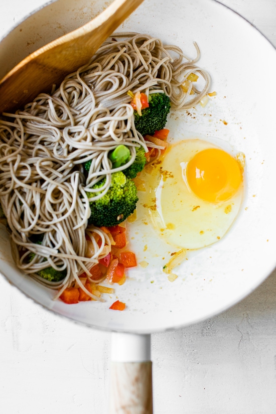 This spicy Soba Noodle Veggie Stir Fry is a quick and easy meal for one, and perfect as a dairy-free, vegetarian dinner.