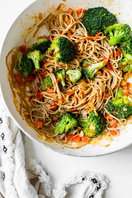 This spicy Soba Noodle Veggie Stir Fry is a quick and easy meal for one, and perfect as a dairy-free, vegetarian dinner.