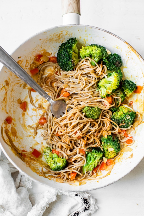 This spicy Soba Noodle Veggie Stir Fry is a quick and easy meal for one, and perfect as a dairy-free, vegetarian dinner.