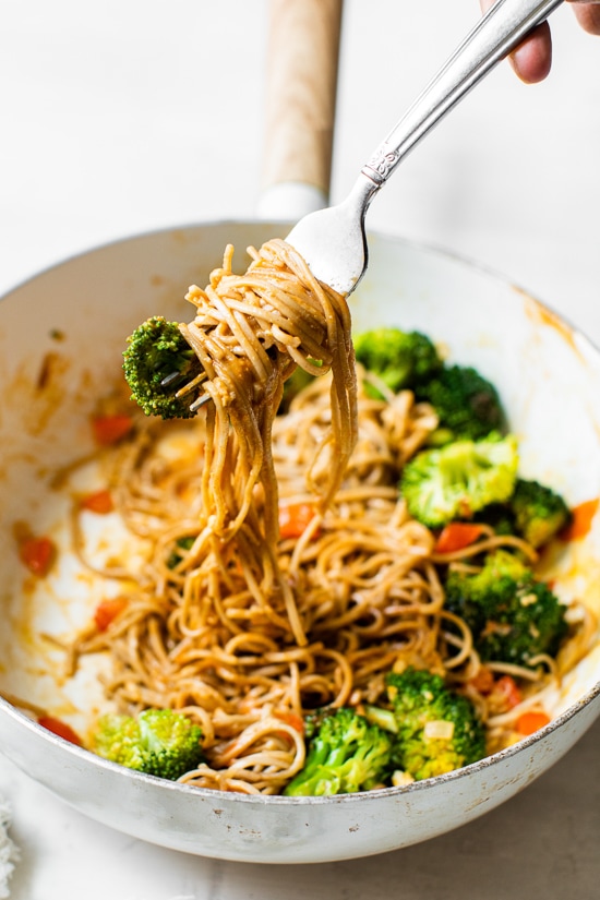 This spicy Soba Noodle Veggie Stir Fry is a quick and easy meal for one, and perfect as a dairy-free, vegetarian dinner.