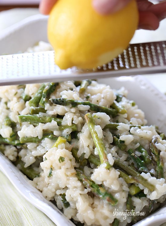 Creamy risotto, cooked with Spring asparagus, fresh herbs, Parmigiano-Reggiano and a touch of lemon. Perfect as a meatless main dish if you use vegetable broth, or wonderful as a side with grilled shrimp.