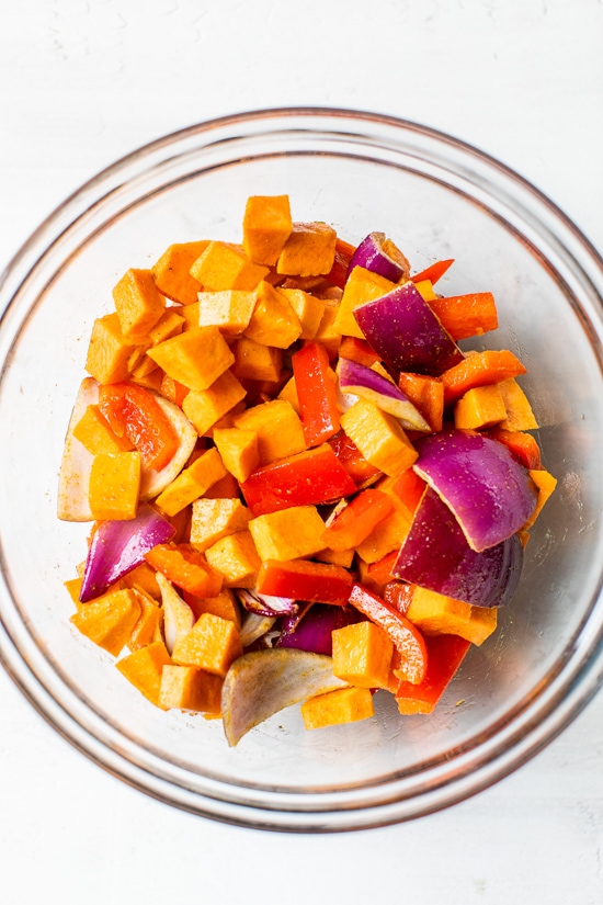 This healthy, Warm Curry Roasted Sheet Pan Vegetable Salad with Honey Curry Dressing is a delicious vegetarian, gluten- and dairy-free dinner or make-ahead lunch.