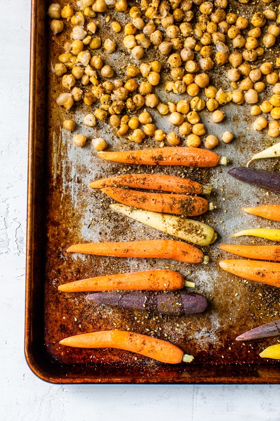 Sheet Pan Zaatar Roasted Carrot and Chickpea Yogurt Bowls