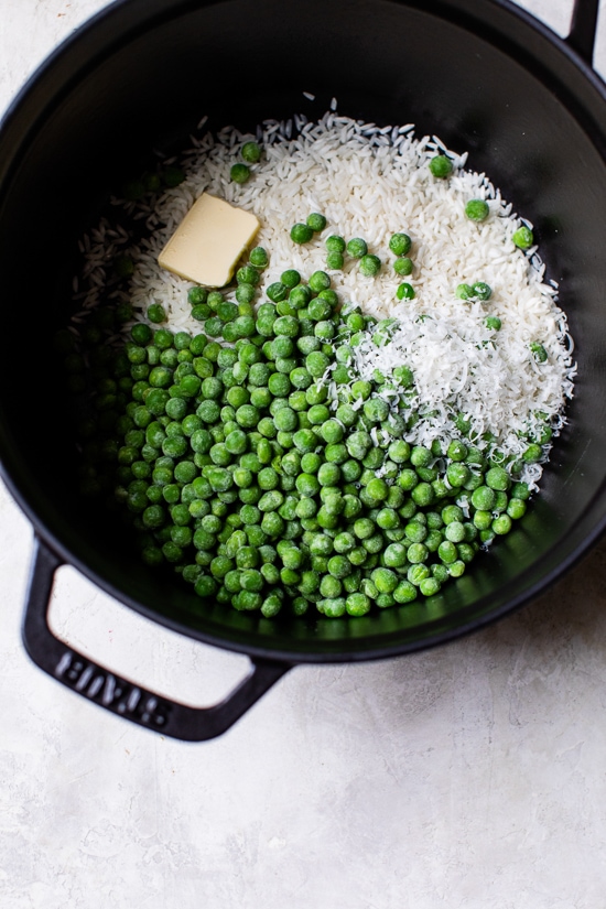 This simple Baked Rice and Peas dish uses pantry and freezer staples, a great side dish to go along with grilled shrimp or chicken.