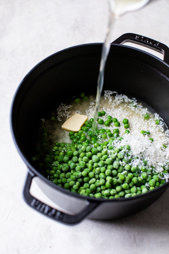 This simple Baked Rice and Peas dish uses pantry and freezer staples, a great side dish to go along with grilled shrimp or chicken.