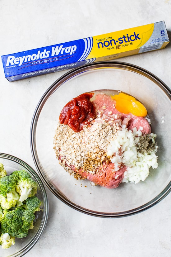 Sheet Pan Turkey Meatloaf and Broccoli made with individual loaves cooked on a foil-lined sheet pan for a quick meal with easy cleanup.