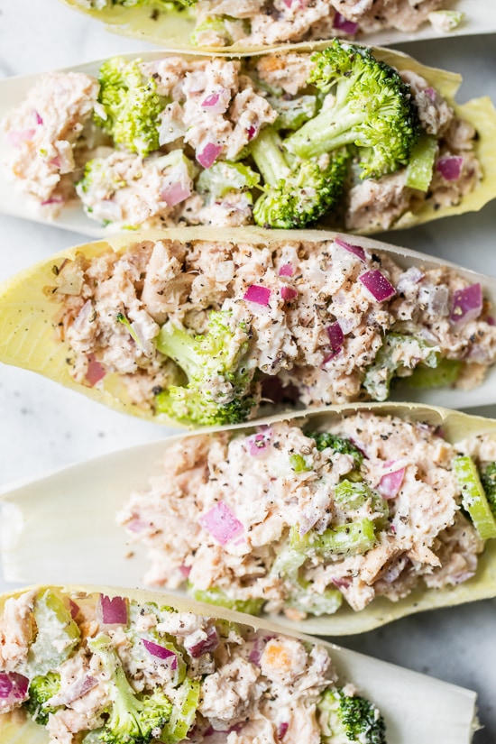 Tuna Salad loaded with veggies served in endive leaves make a quick and easy, low-carb lunch.