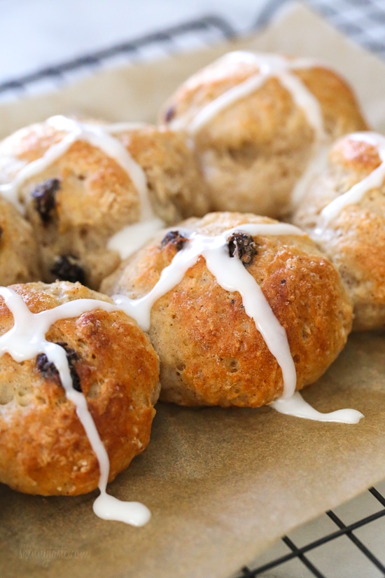 Easy Hot Cross Buns using this easy dough from my Bagel Recipe. No yeast, no boiling, no fancy mixer. Bake them in the oven or in the air-fryer!