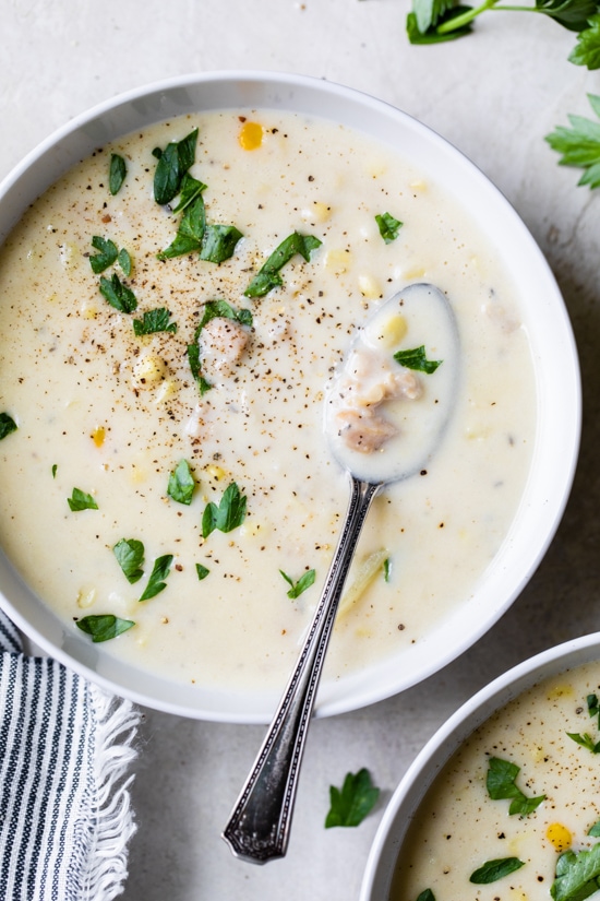 This lighter Clam Chowder, full of canned clams, potatoes, and corn, is still creamy but with less fat than most other versions.