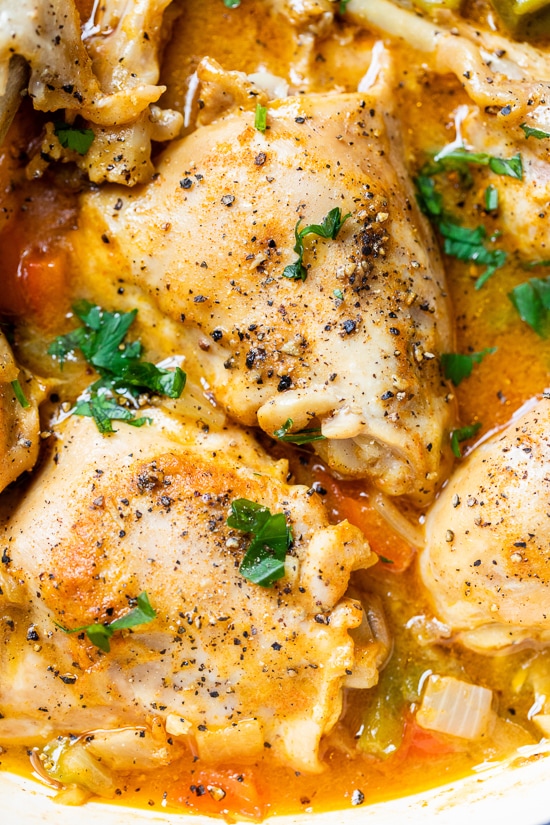 Paprika Chicken Stew is an easy weeknight dish made with chicken pieces on the bone, bell peppers, and lots of Hungarian paprika.