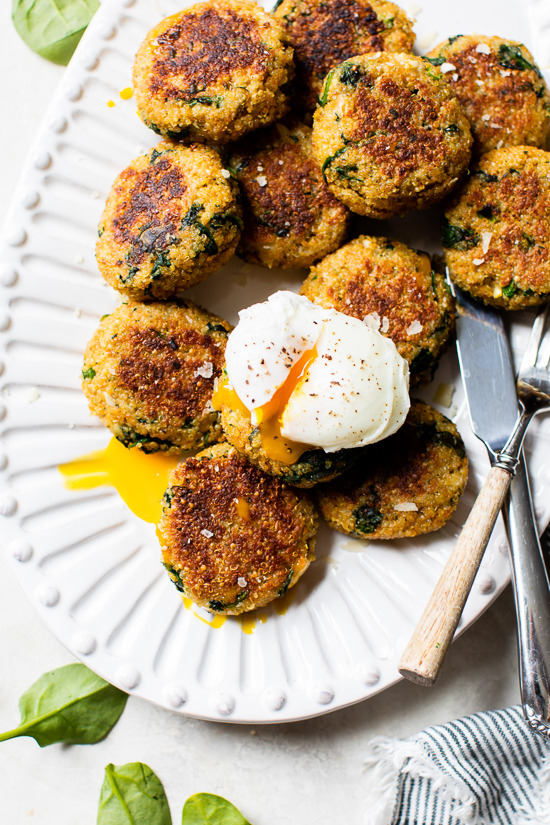 Quinoa and Spinach Patties with a poached egg on top.