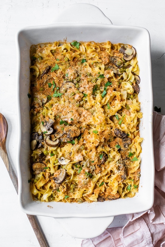 Homemade classic tuna noodle casserole, the quintessential American dish made from scratch and under $10 to make, the kids love it!