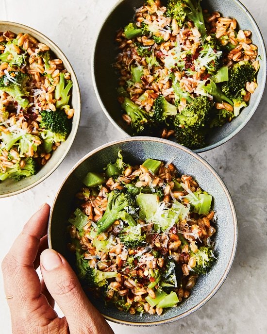 Smashed Broccoli Pecorino Farro Bowls