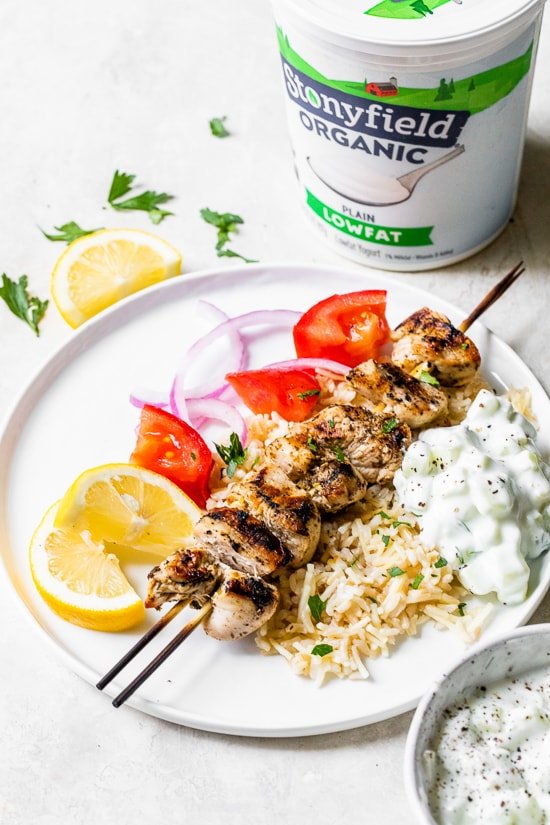 Grilled Chicken Kabobs with yogurt container