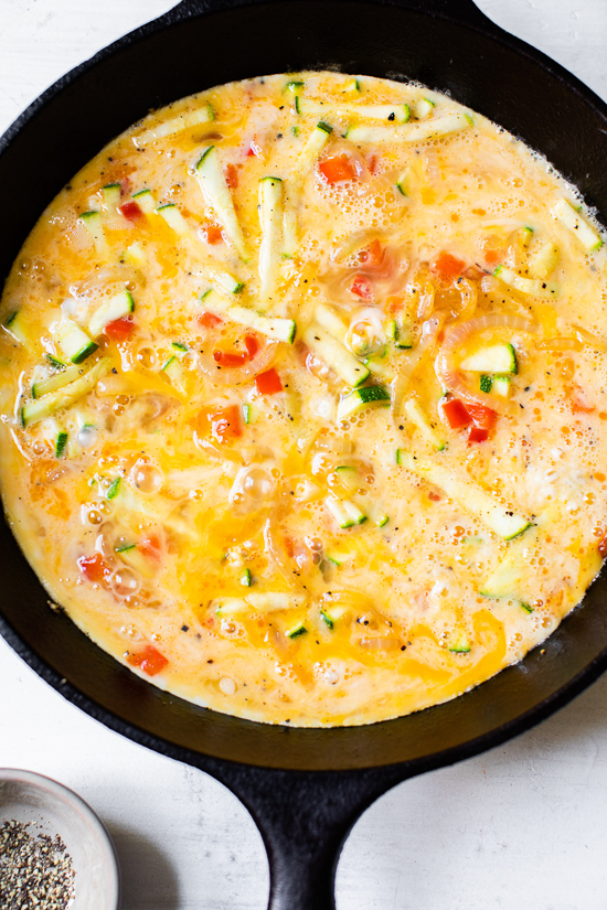 Eggs poured into a skillet