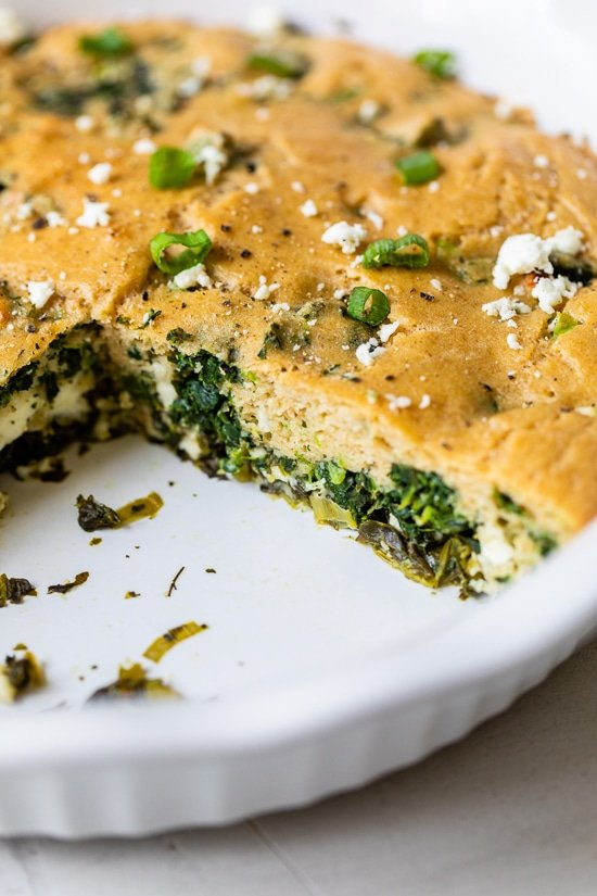 Crustless Spinach and Feta Pie in a pie dish