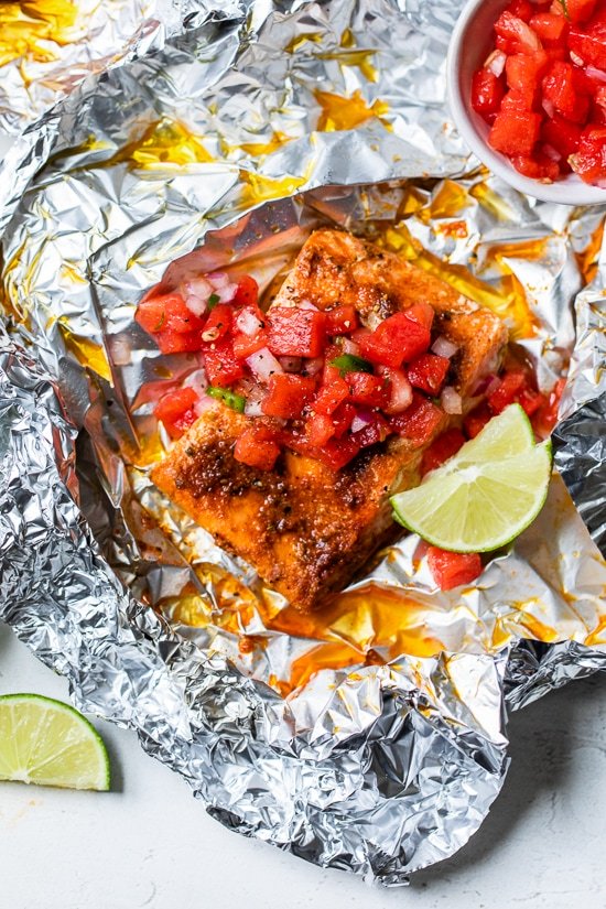 Foil Packet Spice Rubbed Fish with Watermelon Salsa