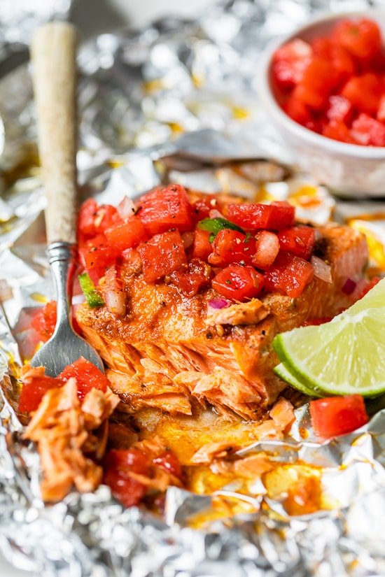 Foil Packet Spice Rubbed Fish with Watermelon Salsa