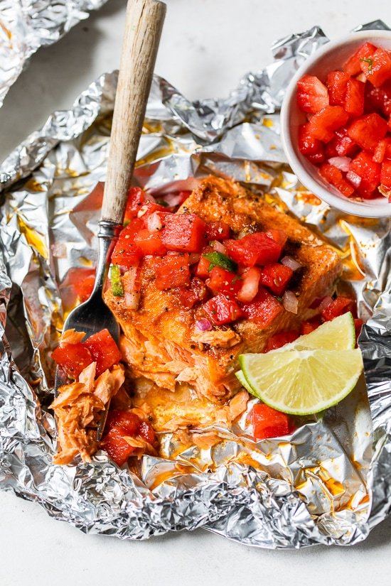 Foil Packet Spice Rubbed Fish with Watermelon Salsa