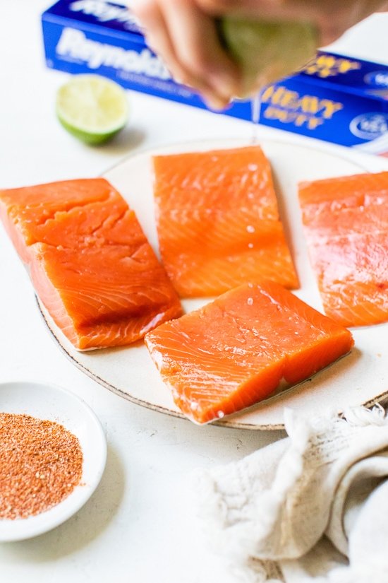 4 pieces raw salmon with foil