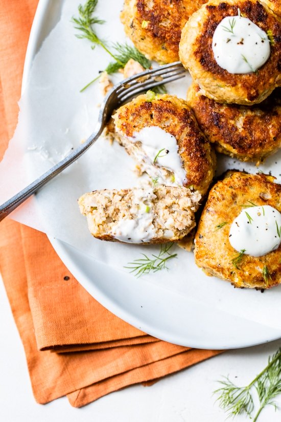 These low-carb Salmon Croquettes with Dill Sauce are healthier than traditional deep-fried ones and use only egg as a binder rather than breadcrumbs or crackers.