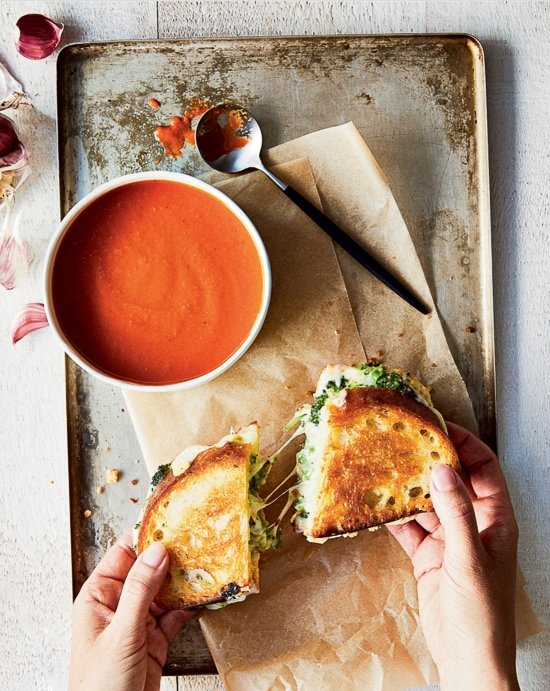 Tomato Basil Soup with Broccoli Grilled Cheese