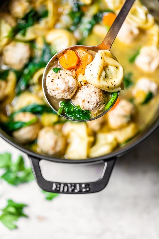 Turkey Meatball Spinach Tortellini Soup in a pot